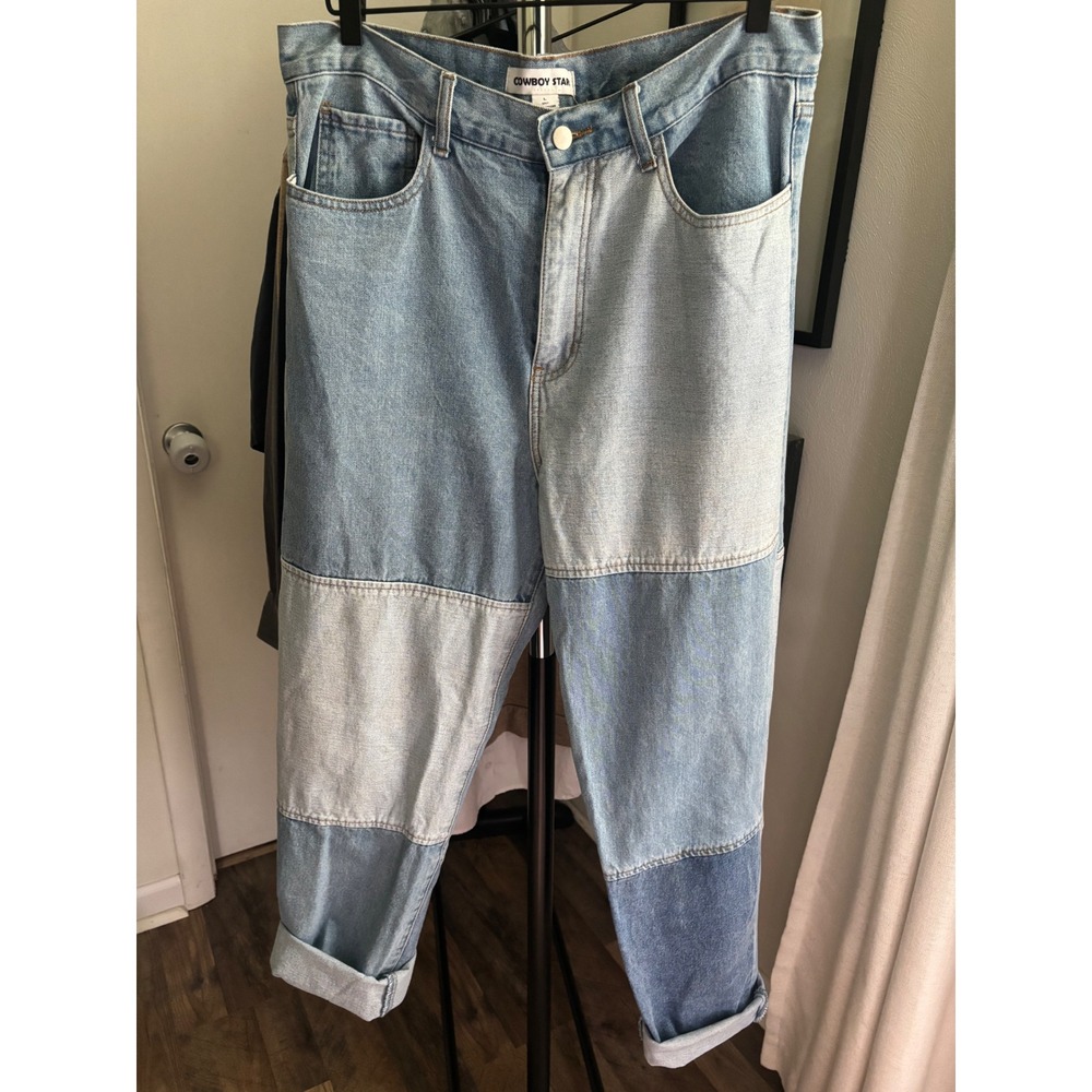 Cowboy Star Womens Patchwork Denim Jeans Light Wash Relaxed Straight Leg L